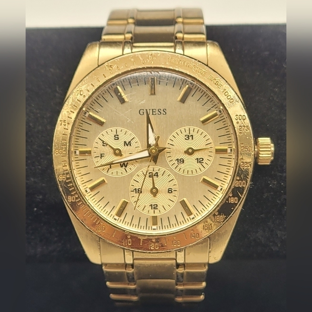 Guess Gold Tone Stainless Steel Gmt Tachymeter Ladies Watch U12004l2